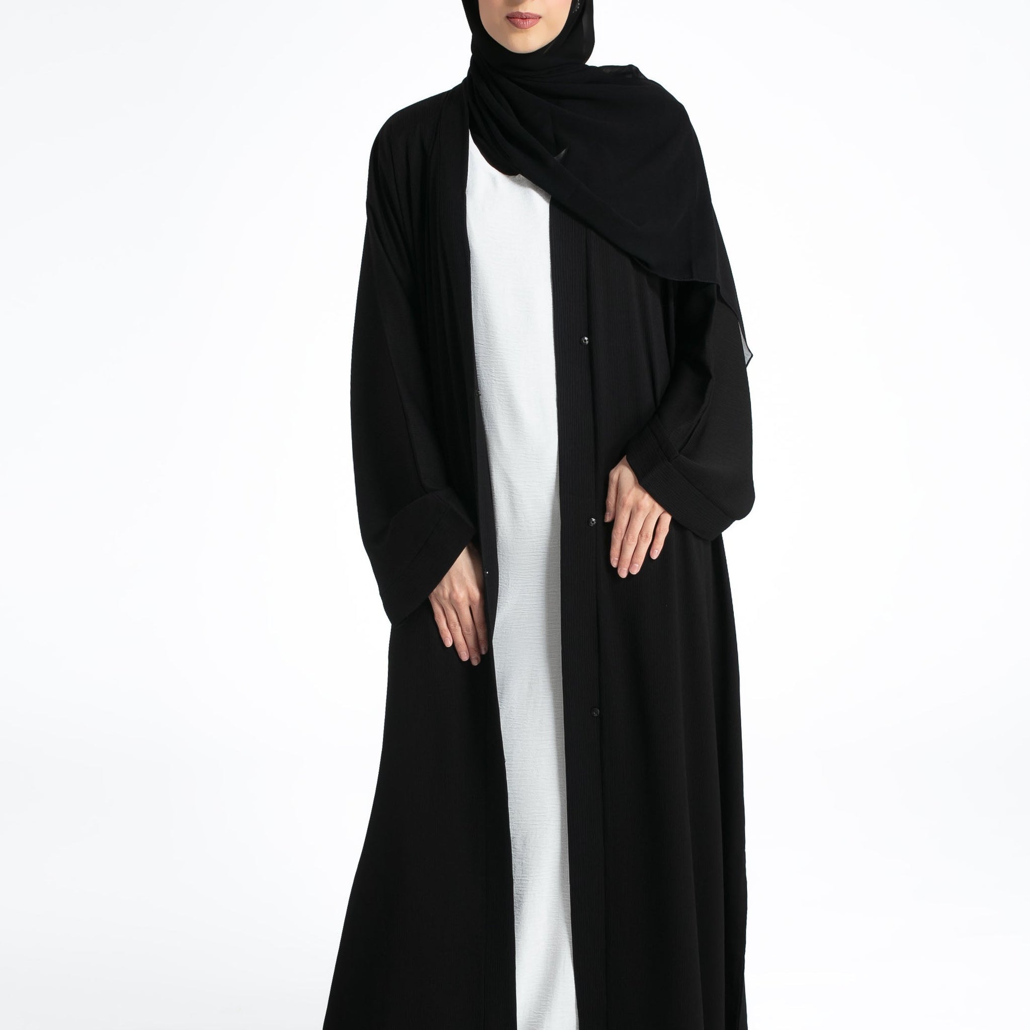 Plain Textured Open Abaya - Black