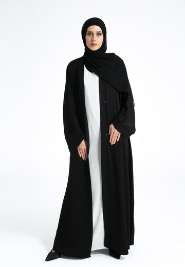 Plain Textured Open Abaya - Black