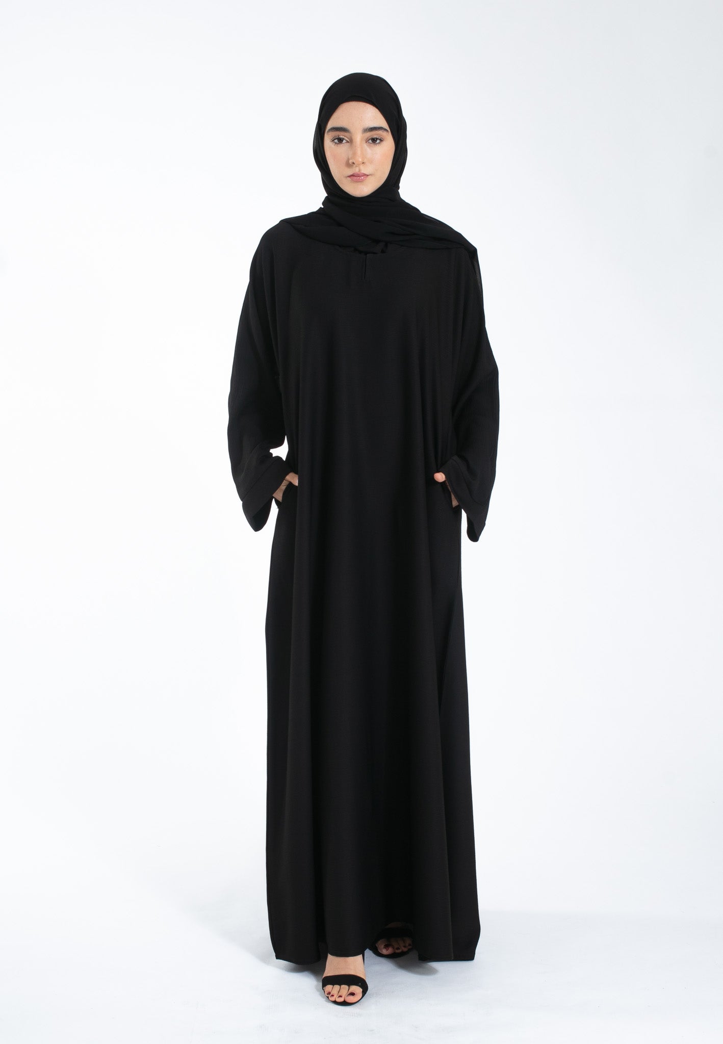 Black Textured Abaya with Zip Pockets