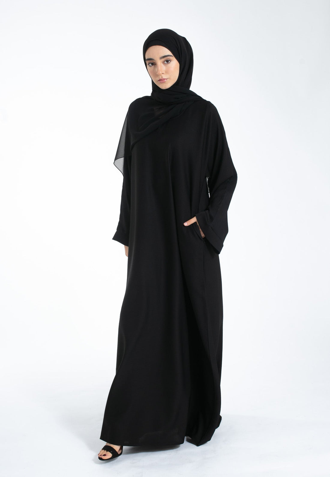 Black Textured Abaya with Zip Pockets