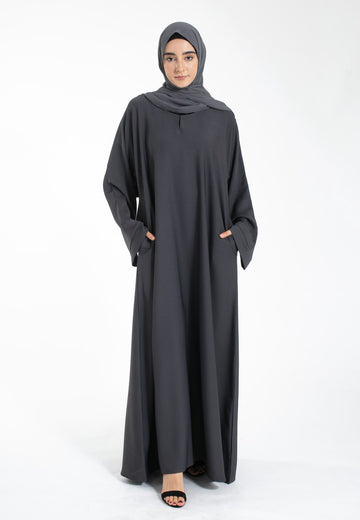 Charcoal Grey Textured Abaya with Zip Pockets