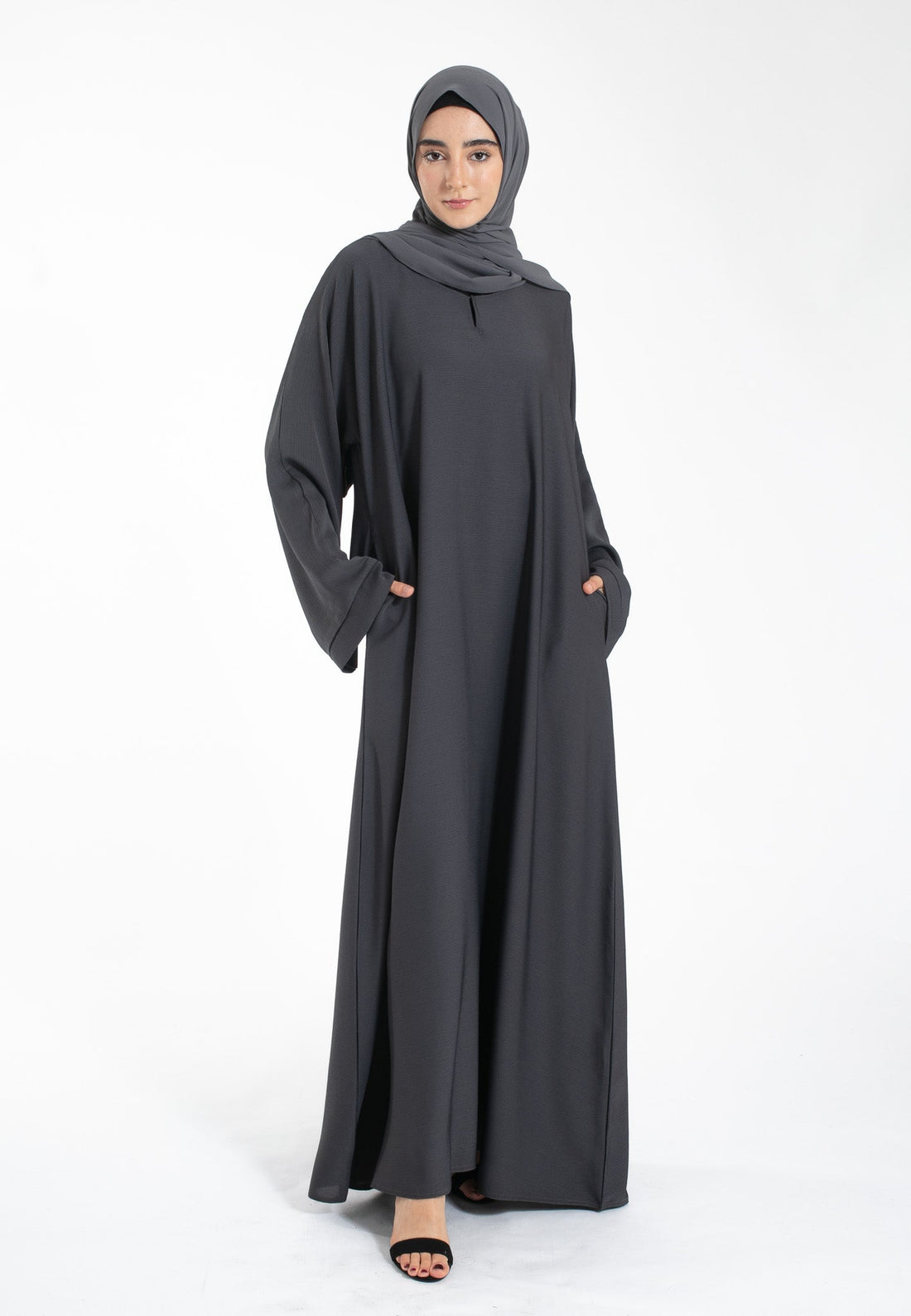 Charcoal Grey Textured Abaya with Zip Pockets