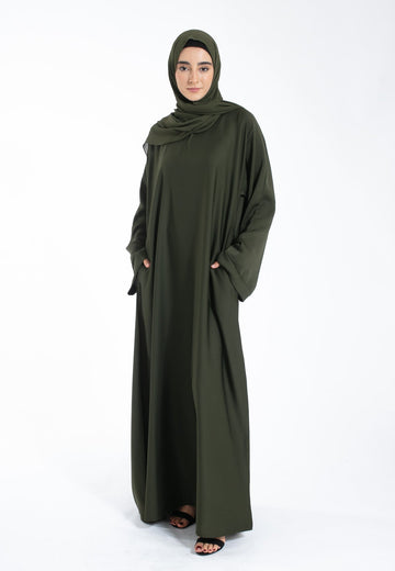 Olive Green Textured Abaya with Zip Pockets