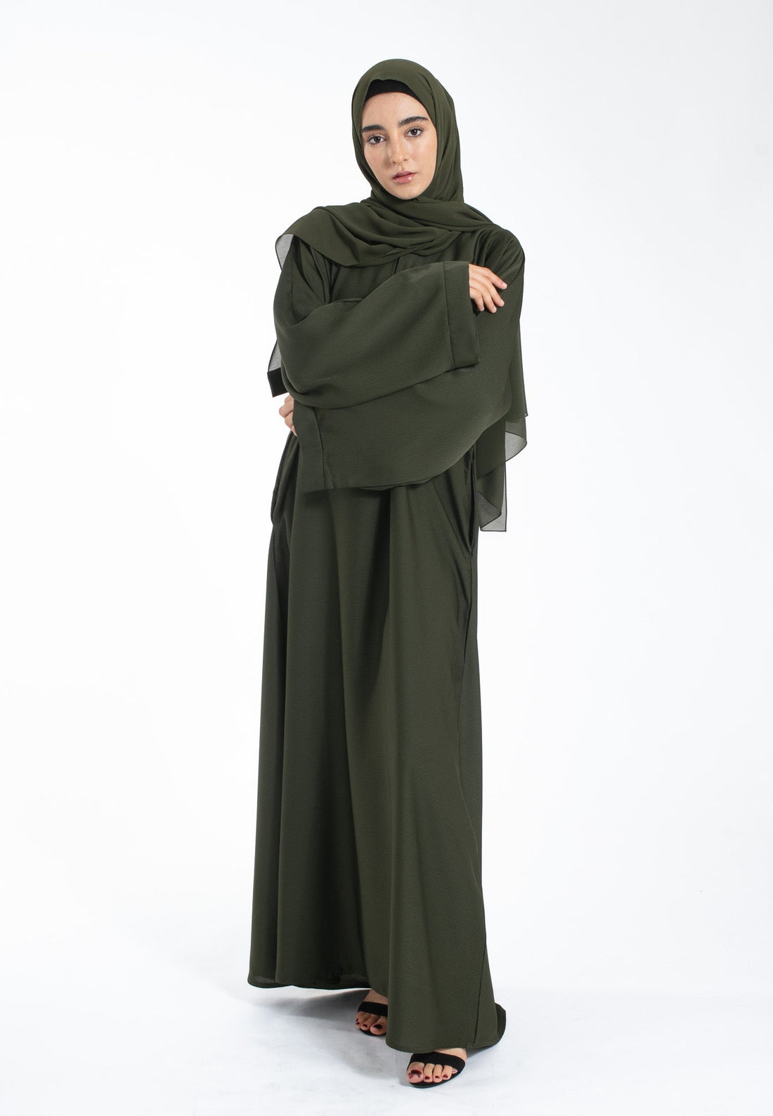 Olive Green Textured Abaya with Zip Pockets