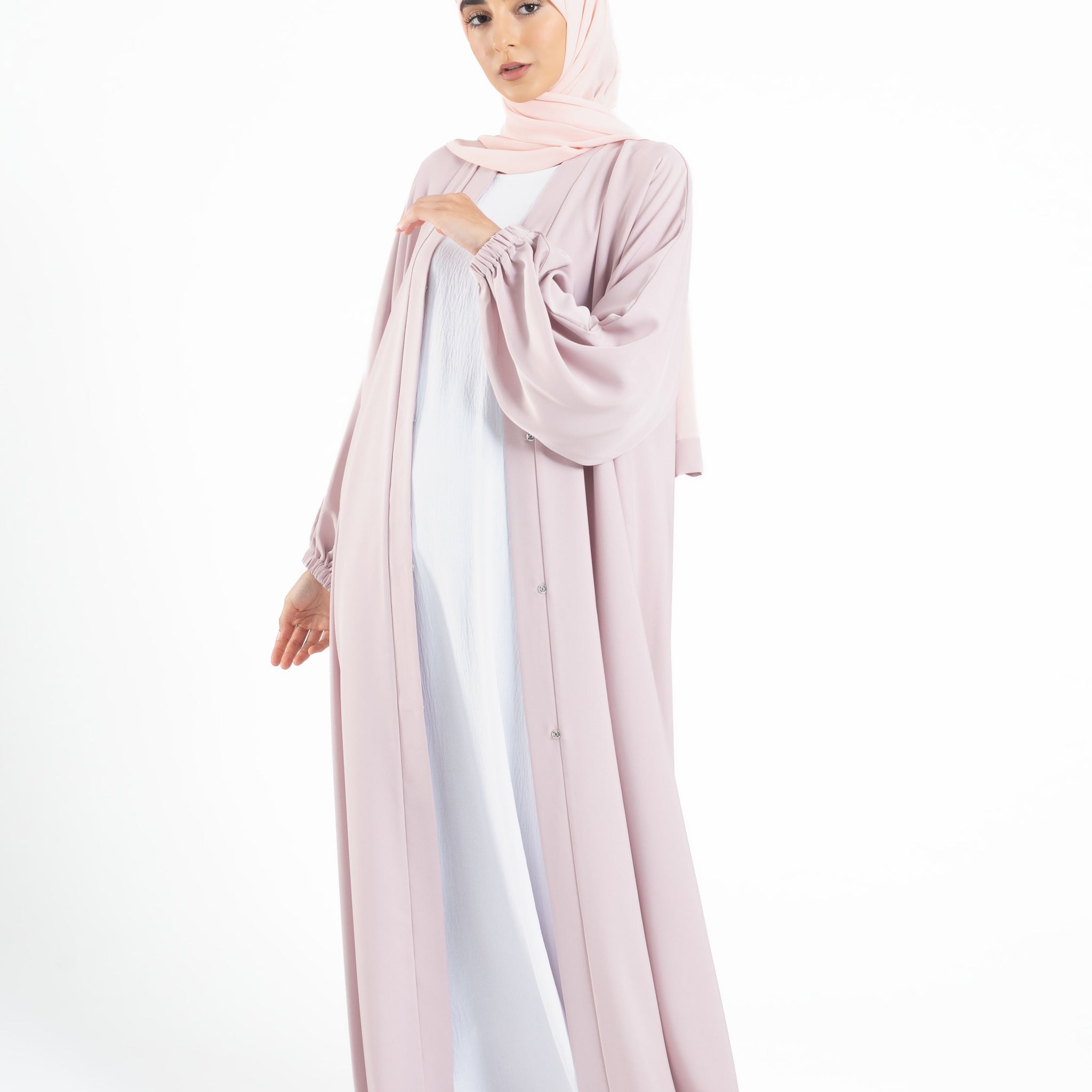 Plain Open Abaya with Cuff Sleeves - Baby Pink