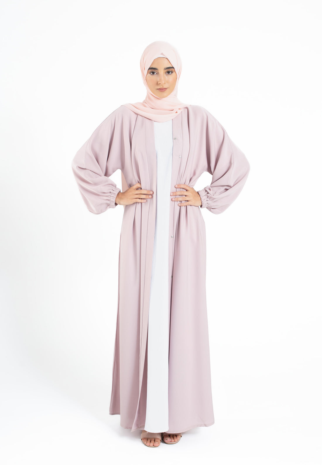 Plain Open Abaya with Cuff Sleeves - Baby Pink