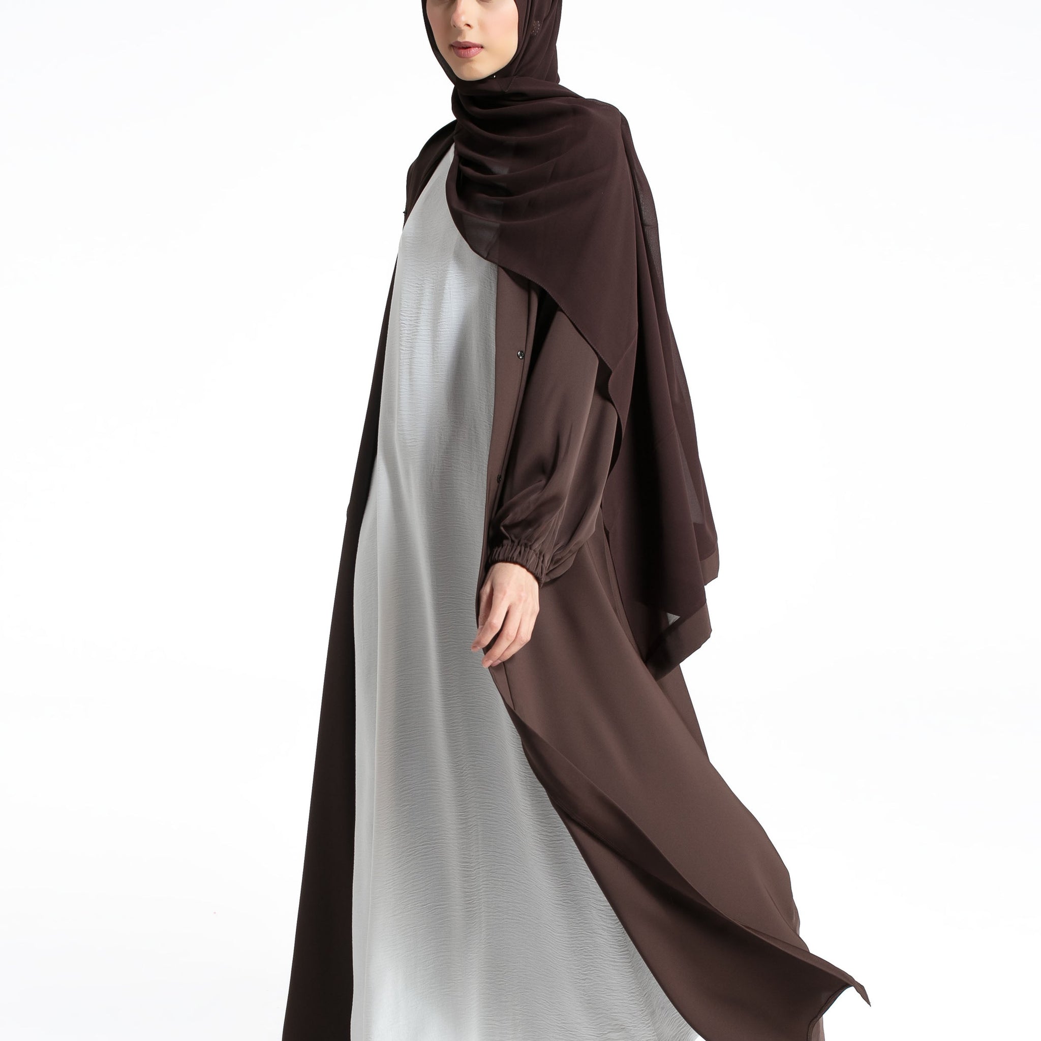 Plain Open Abaya with Cuff Sleeves - Brown