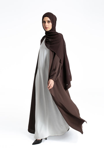 Plain Open Abaya with Cuff Sleeves - Brown