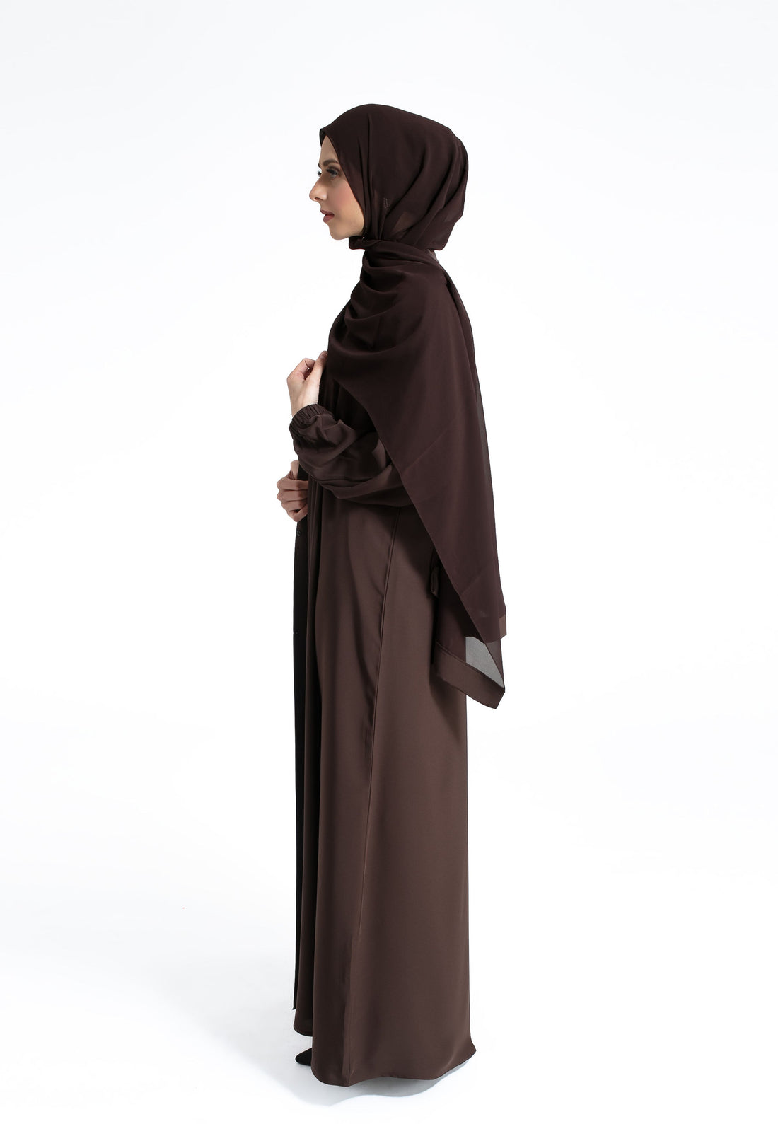 Plain Open Abaya with Cuff Sleeves - Brown