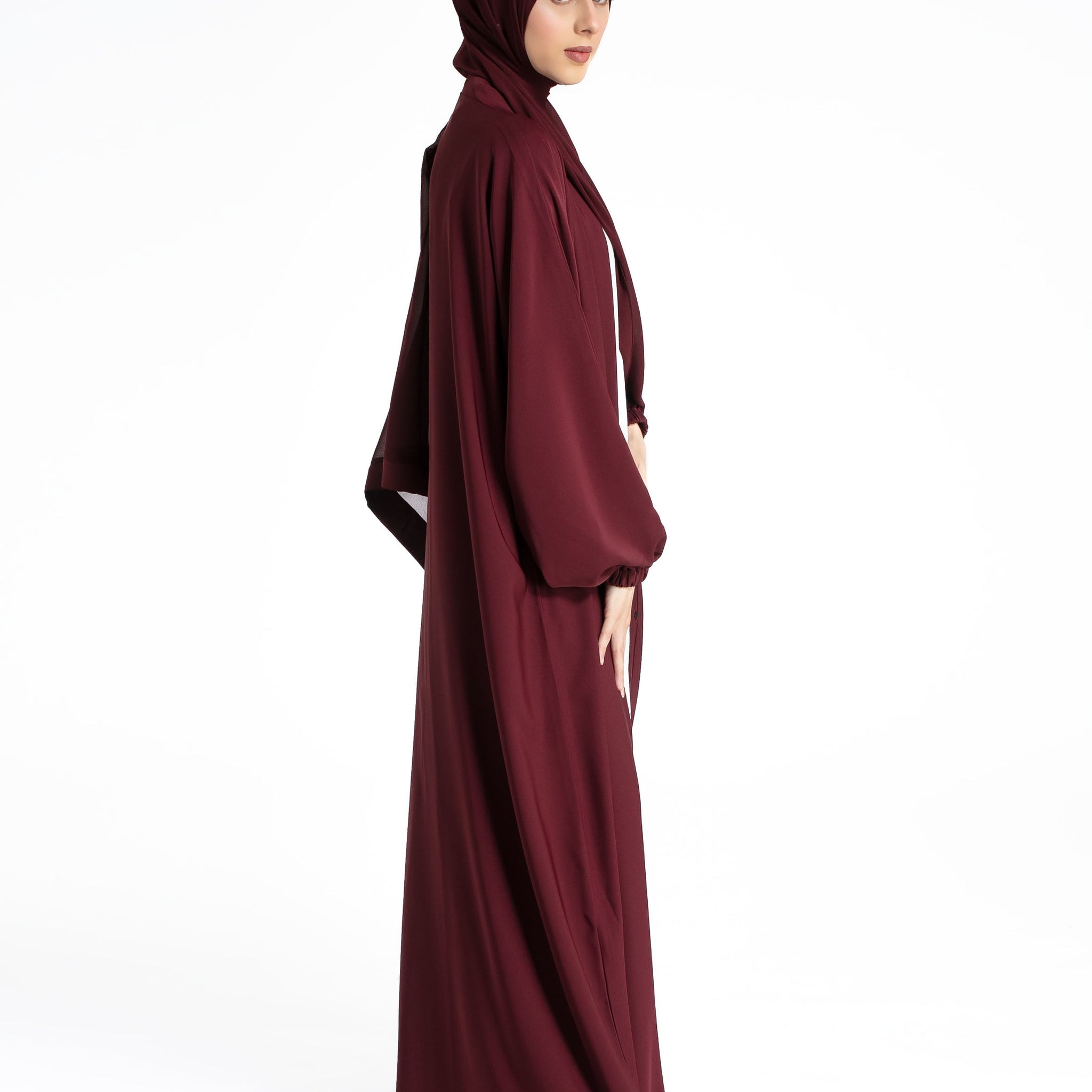 Plain Open Abaya with Cuff Sleeves - Burgundy