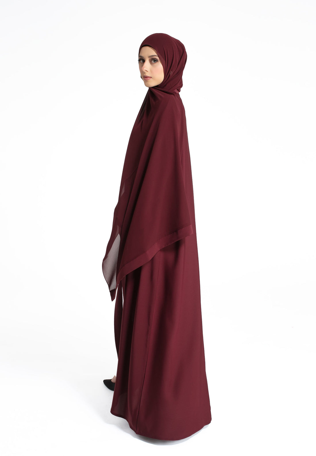 Plain Open Abaya with Cuff Sleeves - Burgundy