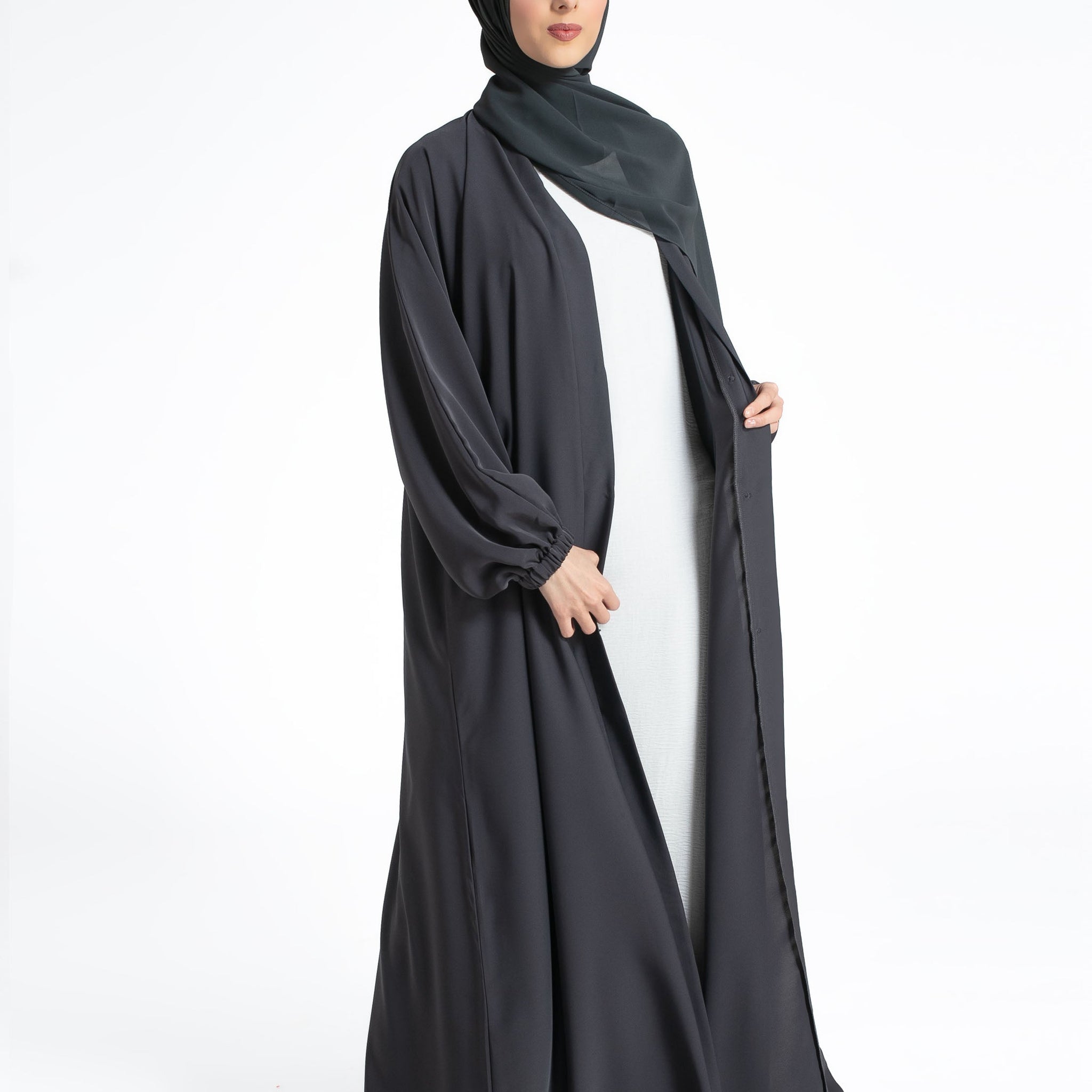 Plain Open Abaya with Cuff Sleeves - Charcoal Grey