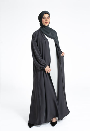 Plain Open Abaya with Cuff Sleeves - Charcoal Grey