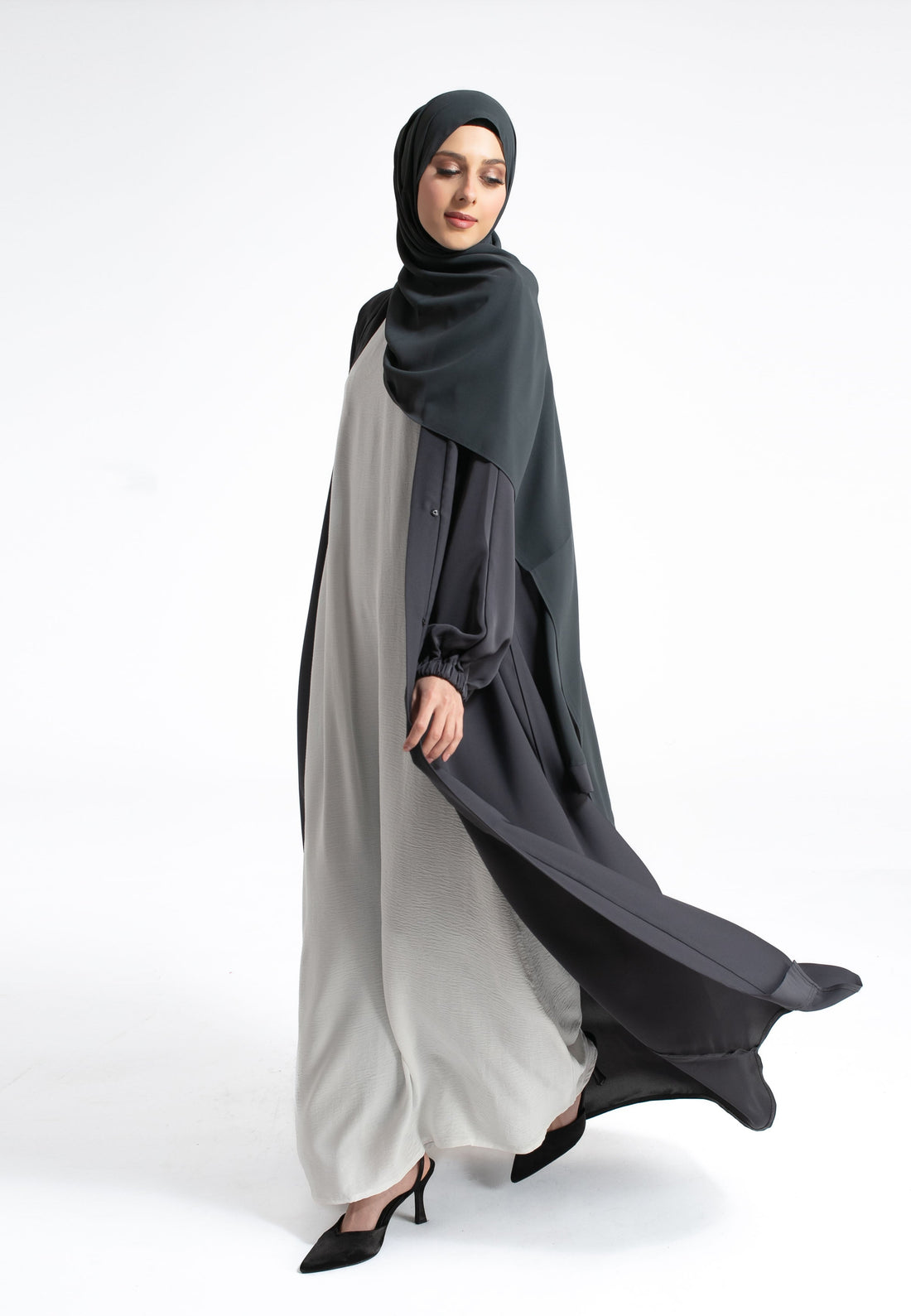 Plain Open Abaya with Cuff Sleeves - Charcoal Grey