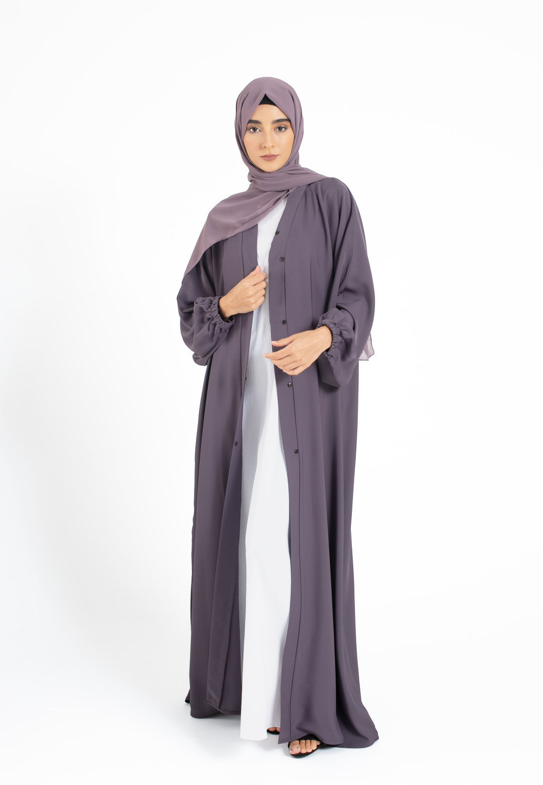 Plain Open Abaya with Cuff Sleeves - Deep Lilac