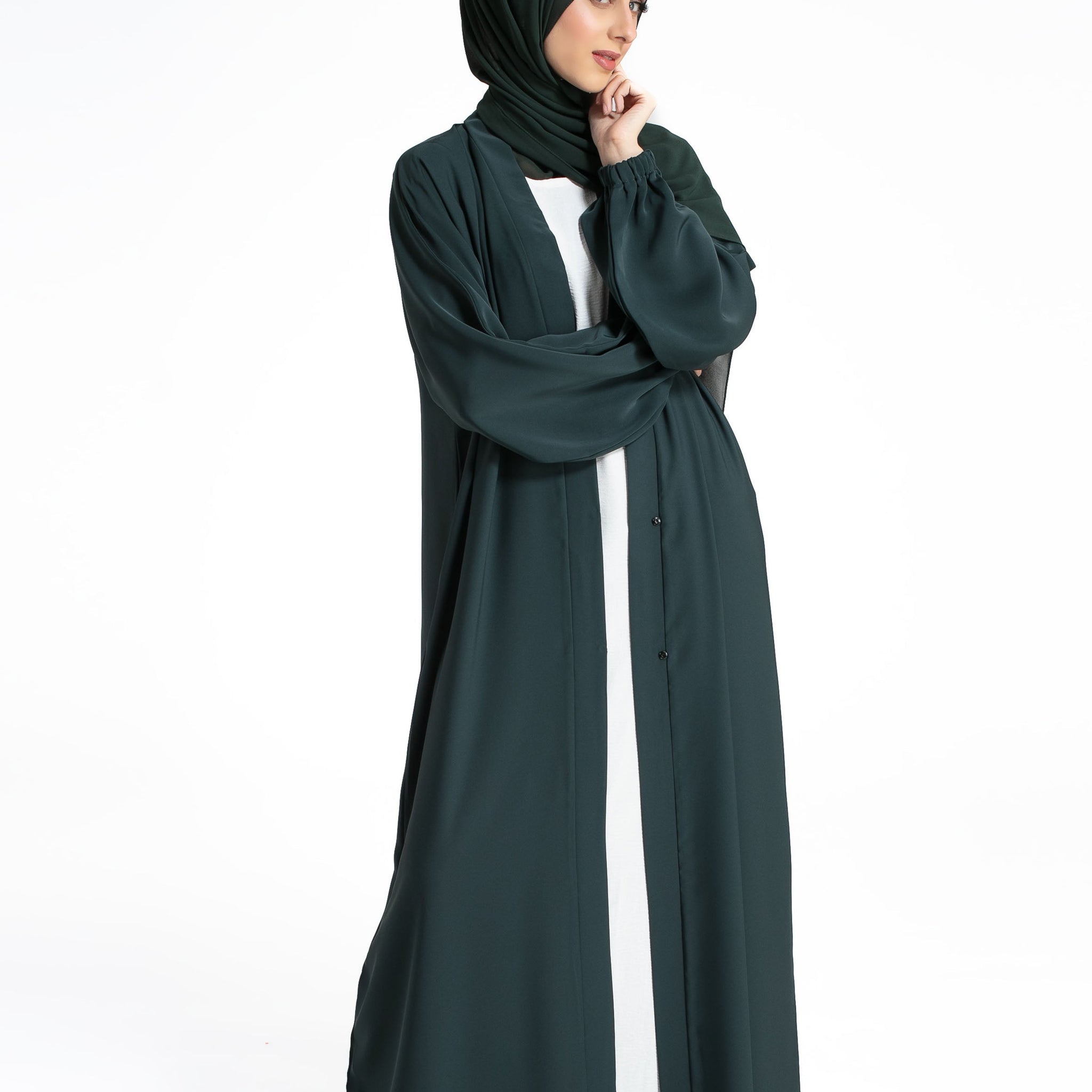 Plain Open Abaya with Cuff Sleeves - Forest Green