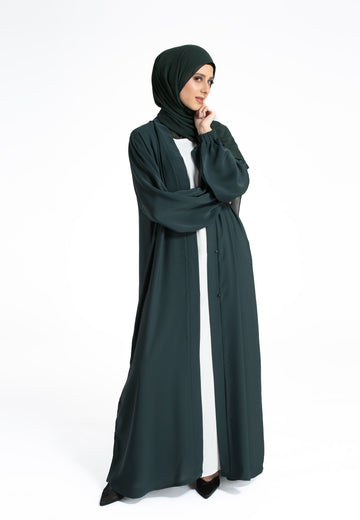 Plain Open Abaya with Cuff Sleeves - Forest Green