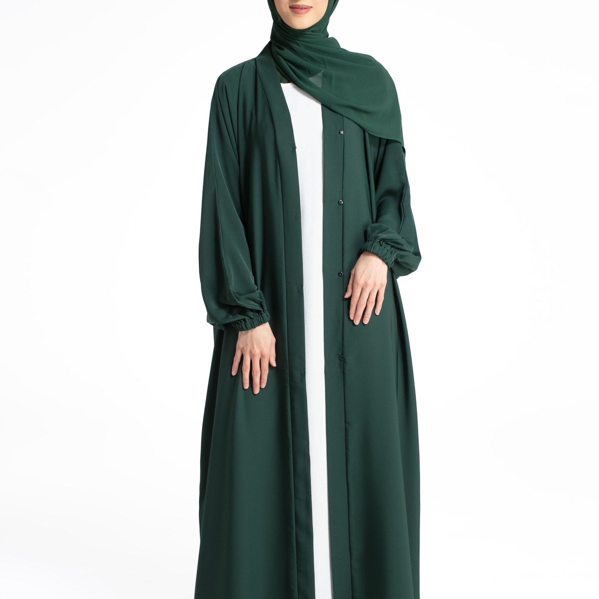 Plain Open Abaya with Cuff Sleeves - Green