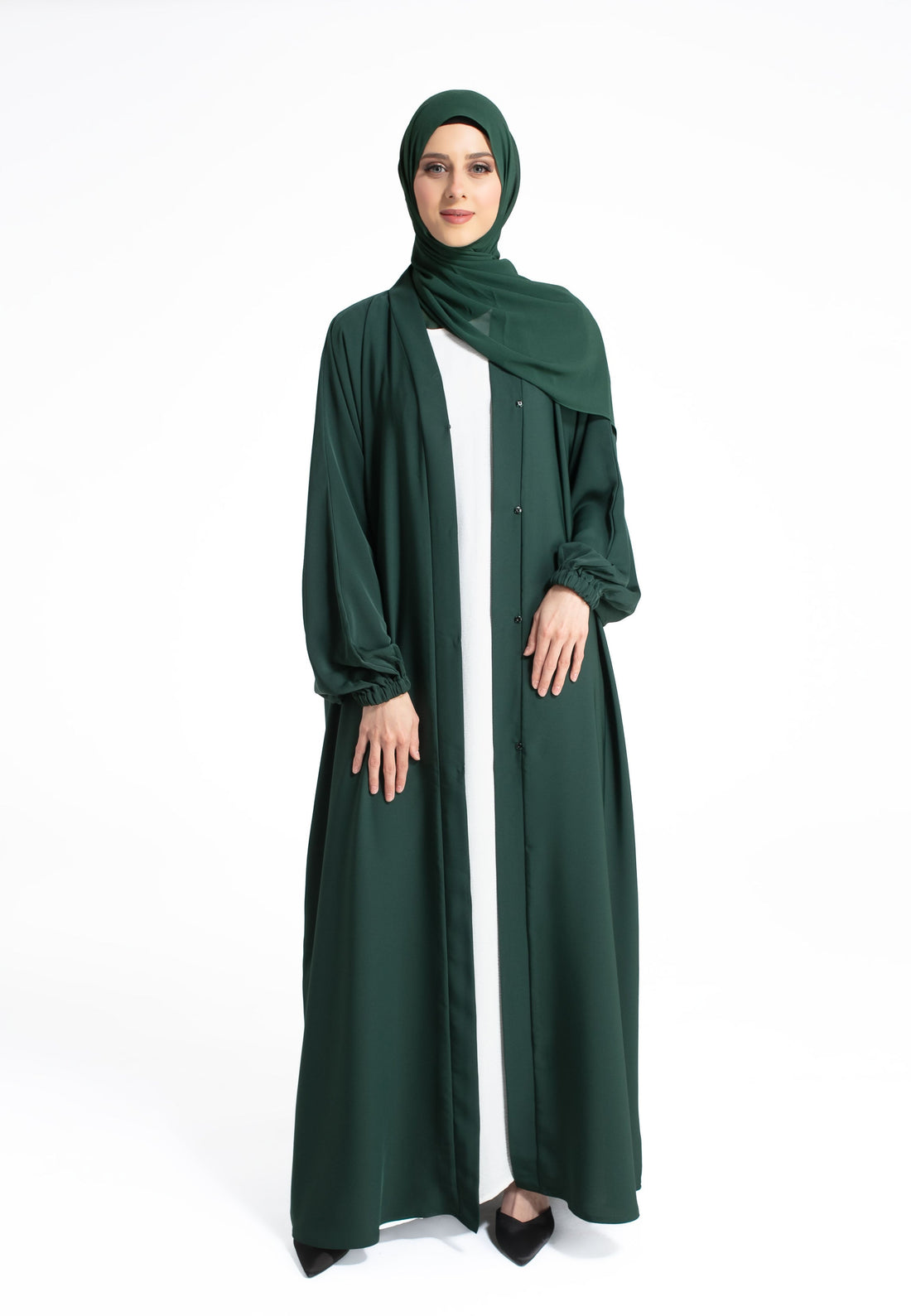 Plain Open Abaya with Cuff Sleeves - Green