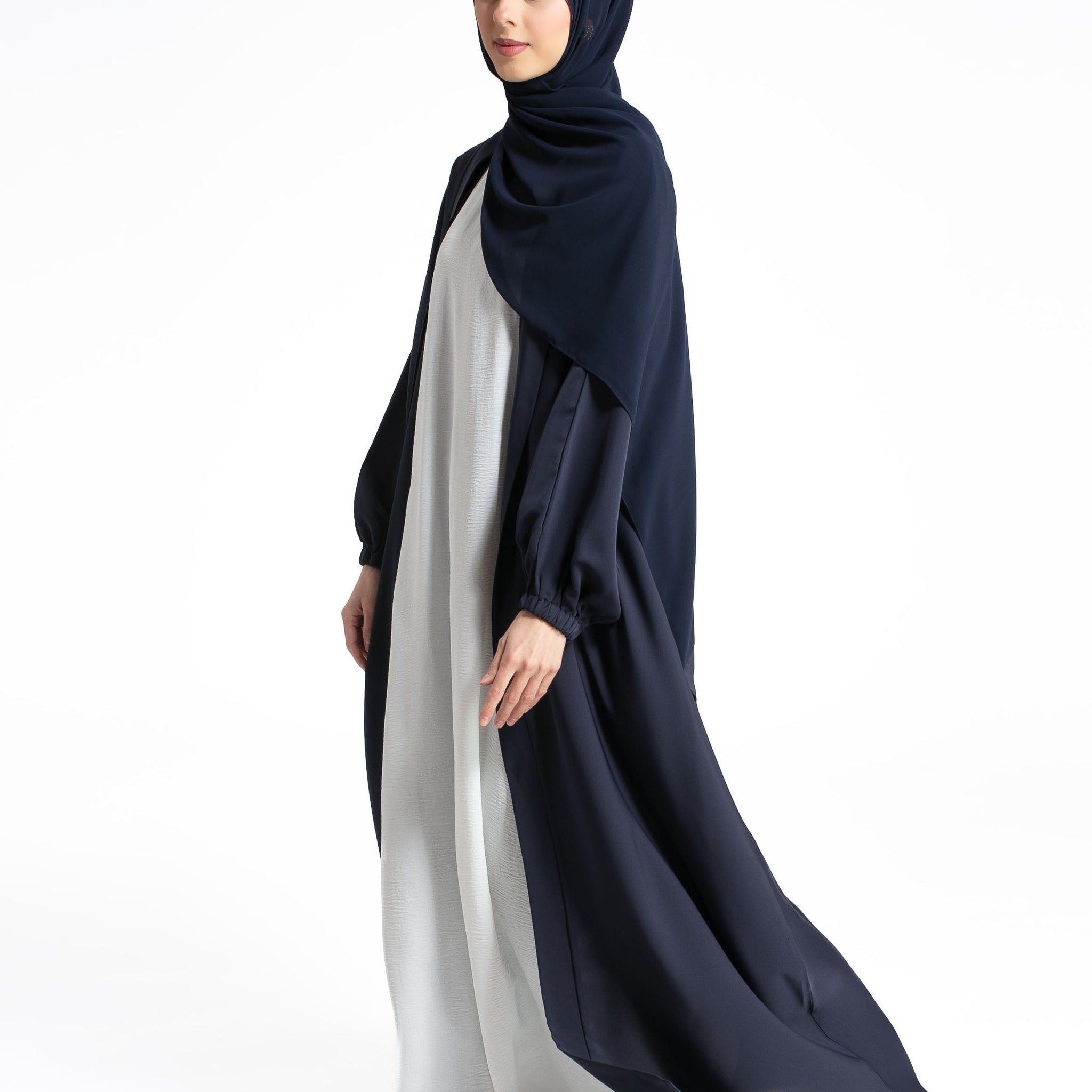 Plain Open Abaya with Cuff Sleeves - Navy