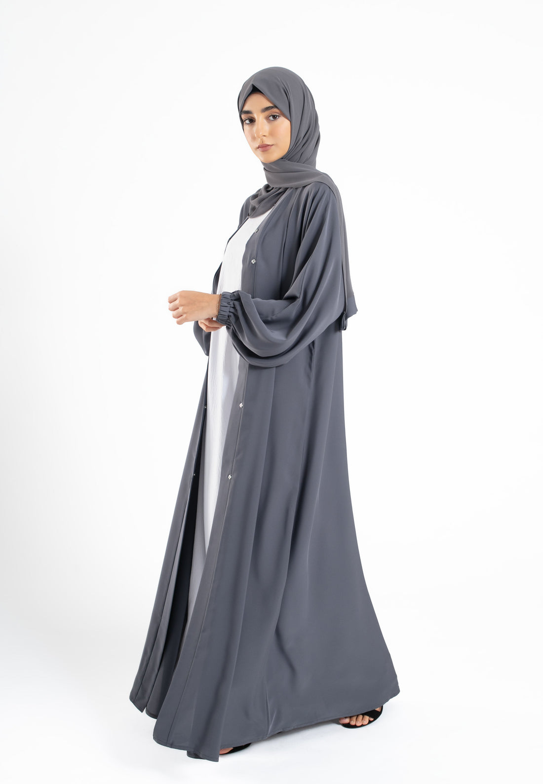 Plain Open Abaya with Cuff Sleeves - Pebble Grey