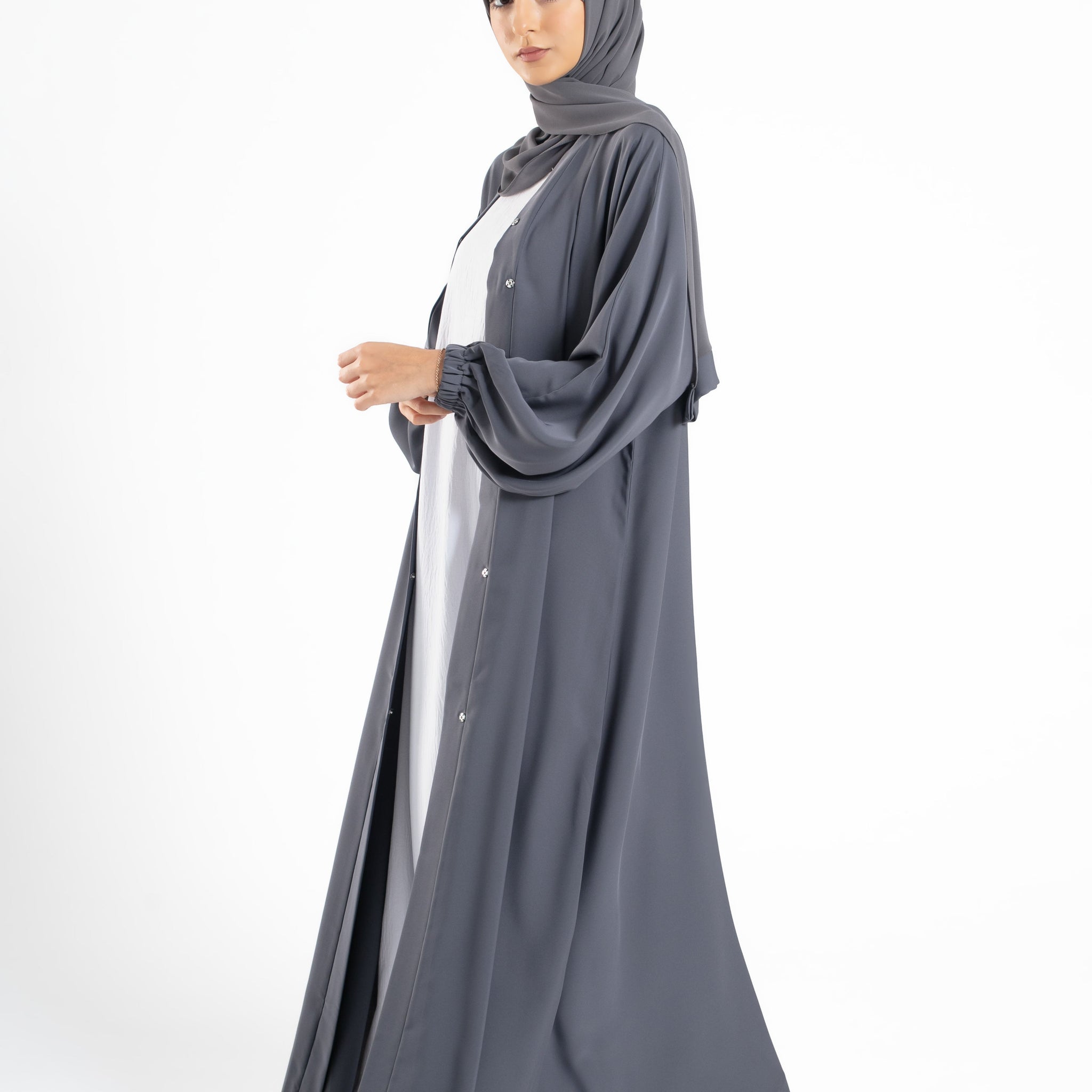 Plain Open Abaya with Cuff Sleeves - Pebble Grey