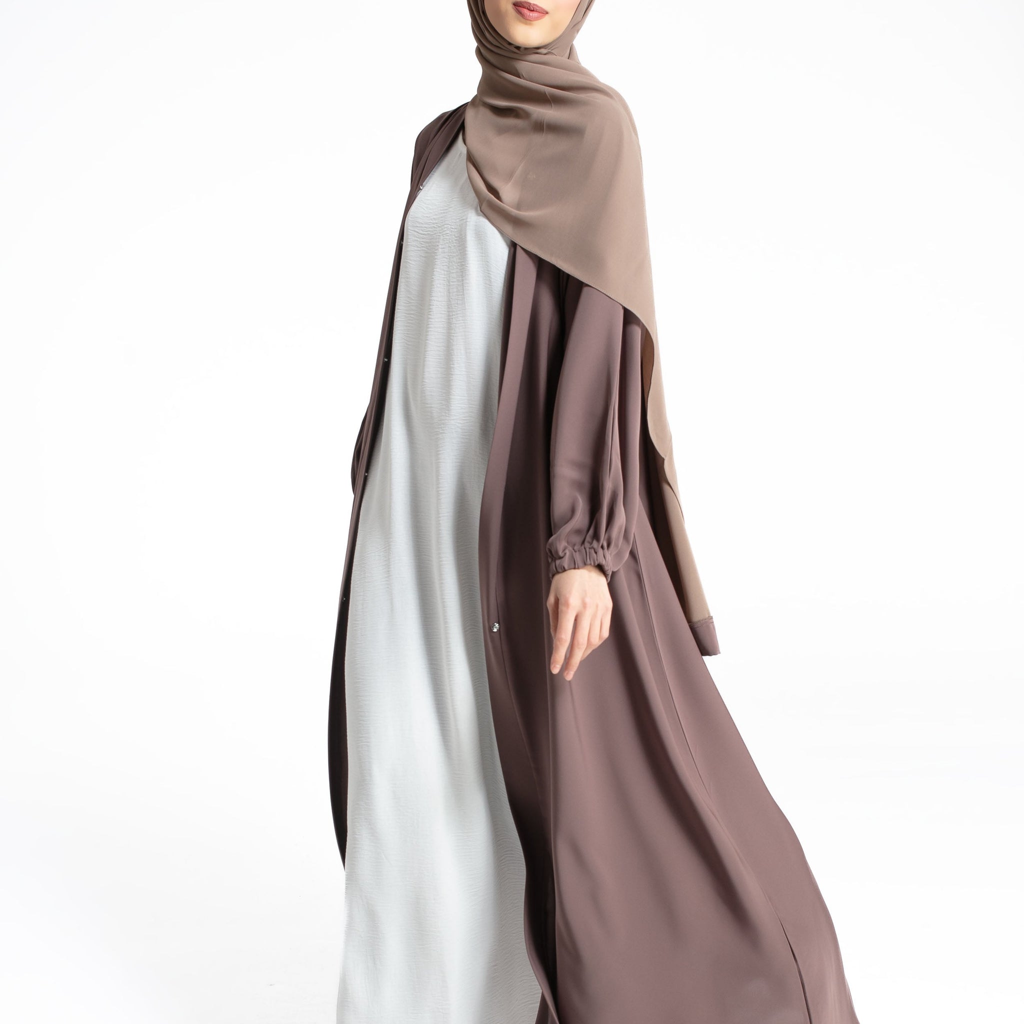 Plain Open Abaya with Cuff Sleeves - Taupe