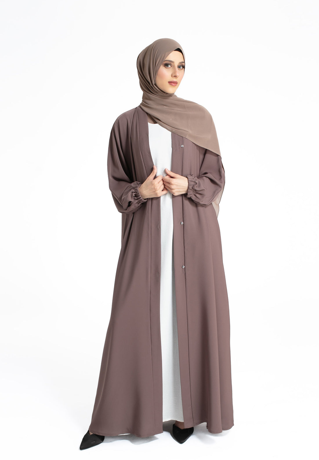 Plain Open Abaya with Cuff Sleeves - Taupe