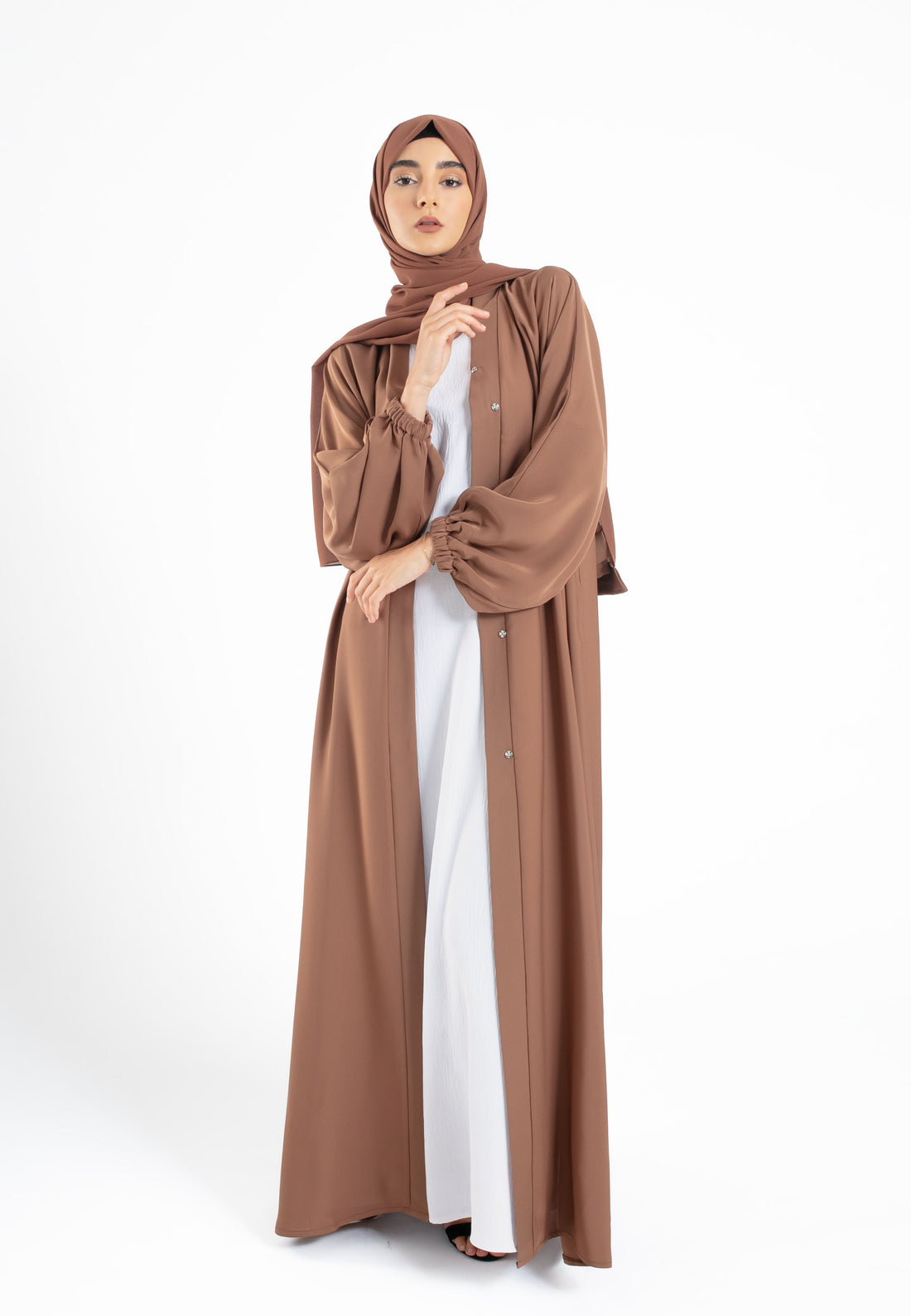 Plain Open Abaya with Cuff Sleeves - Toffee