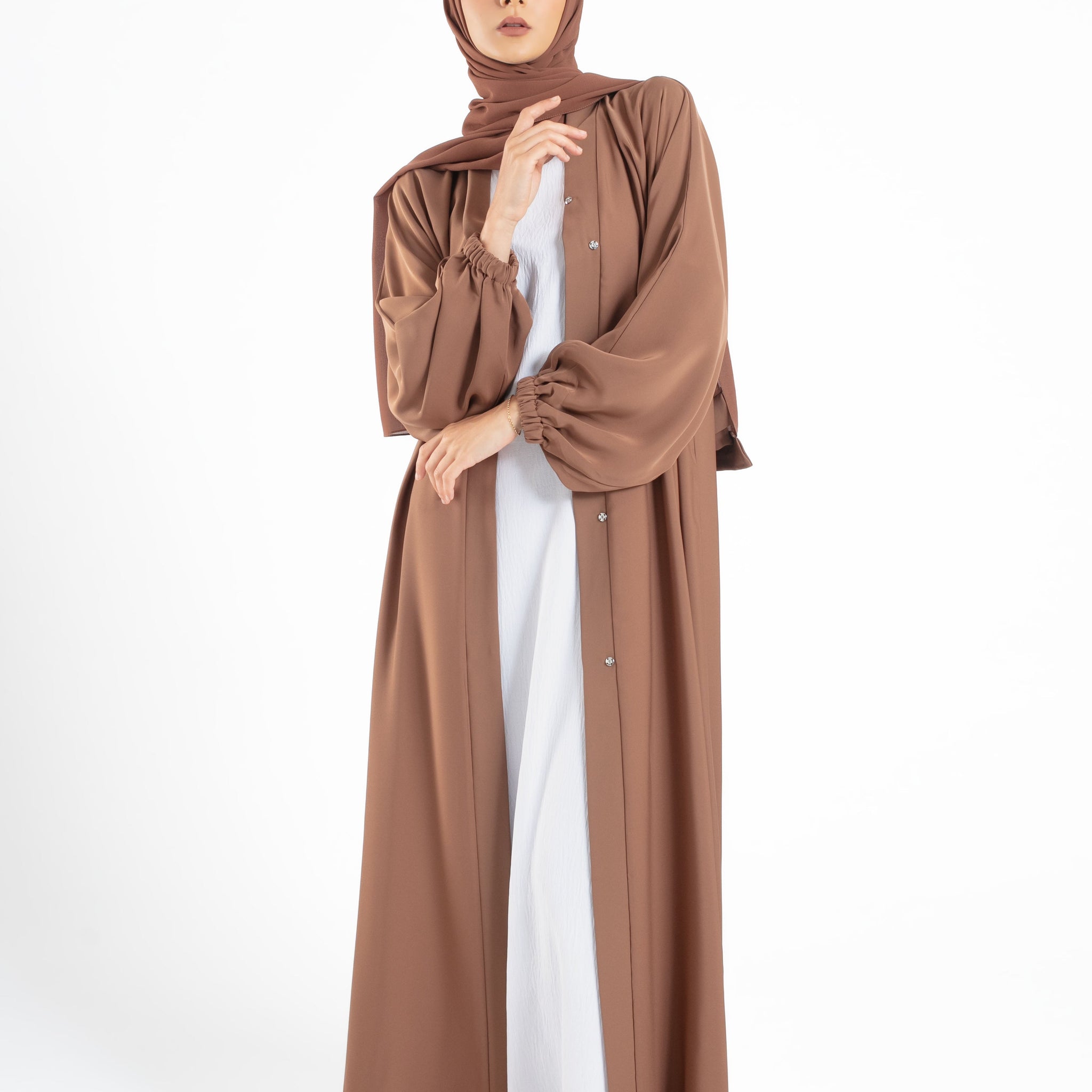 Plain Open Abaya with Cuff Sleeves - Toffee