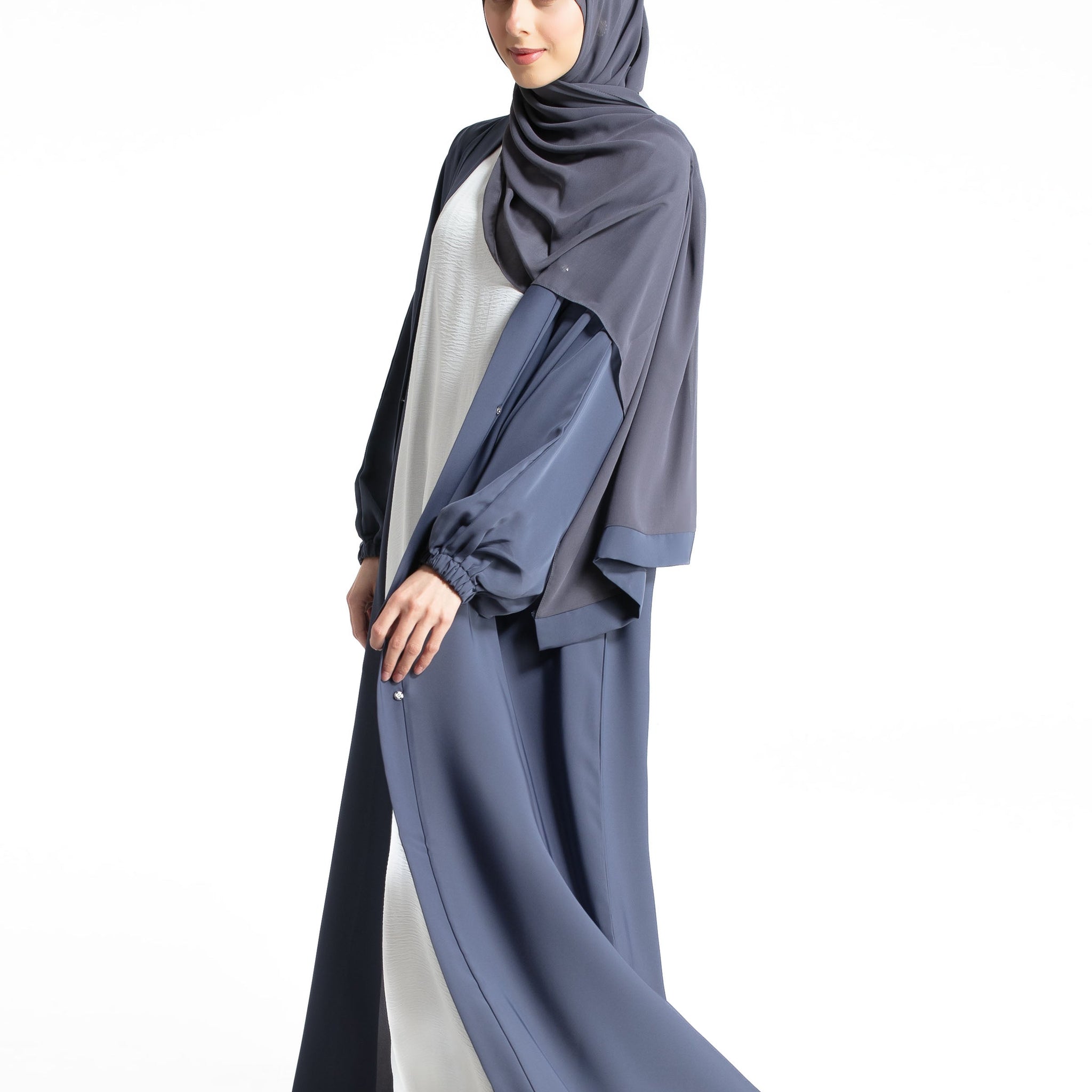 Plain Open Abaya with Cuff Sleeves - Slate Grey