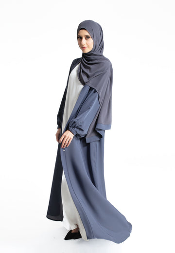 Plain Open Abaya with Cuff Sleeves - Slate Grey